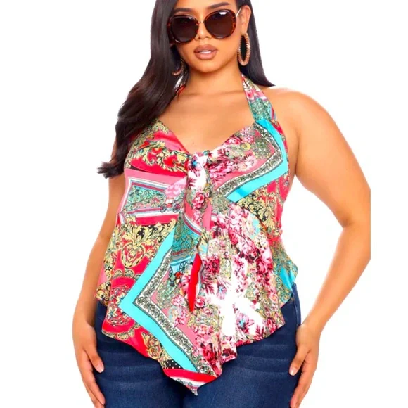Fashion Nova Tops Fashion Nova Halter Tie Back Scarf Tank Top - Main Image